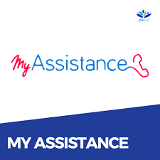 Logotipo di My Assistance con testo blu e rosso e un'icona a forma di collare per animali