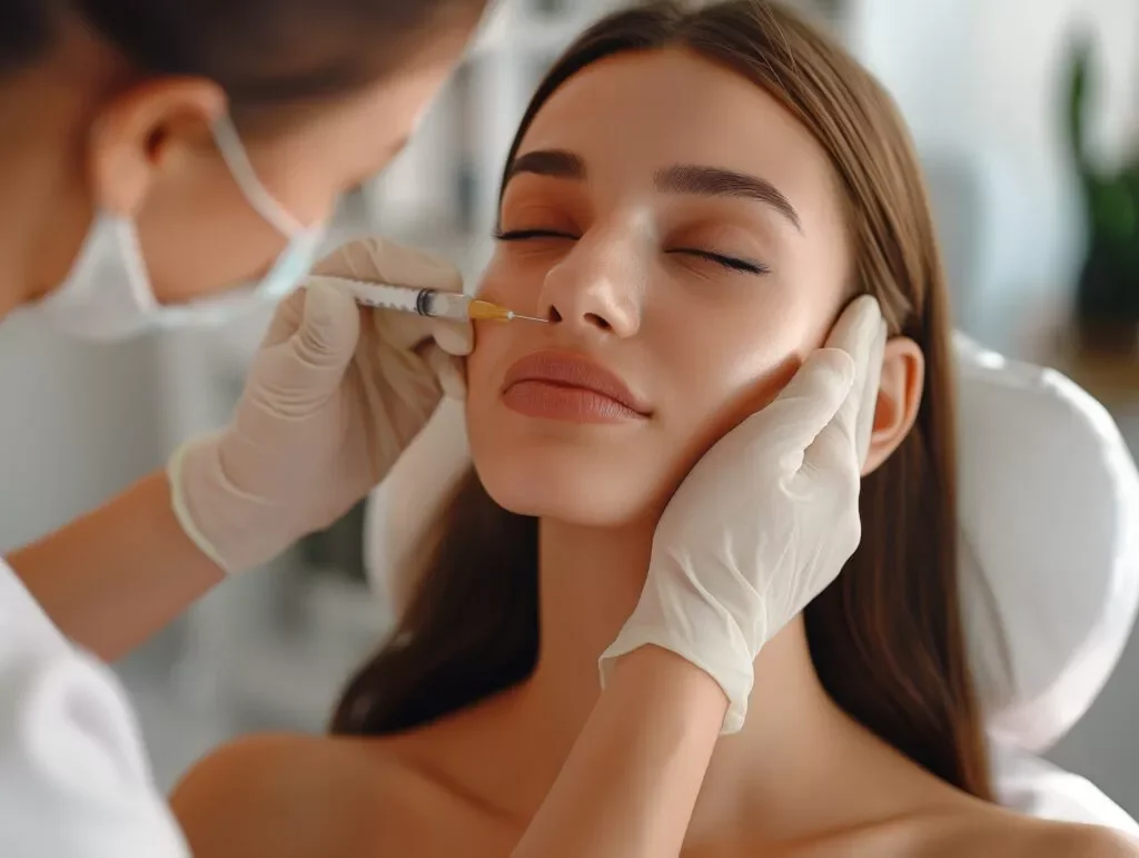 Una donna riceve un'iniezione nel viso da un professionista con guanti e mascherina.