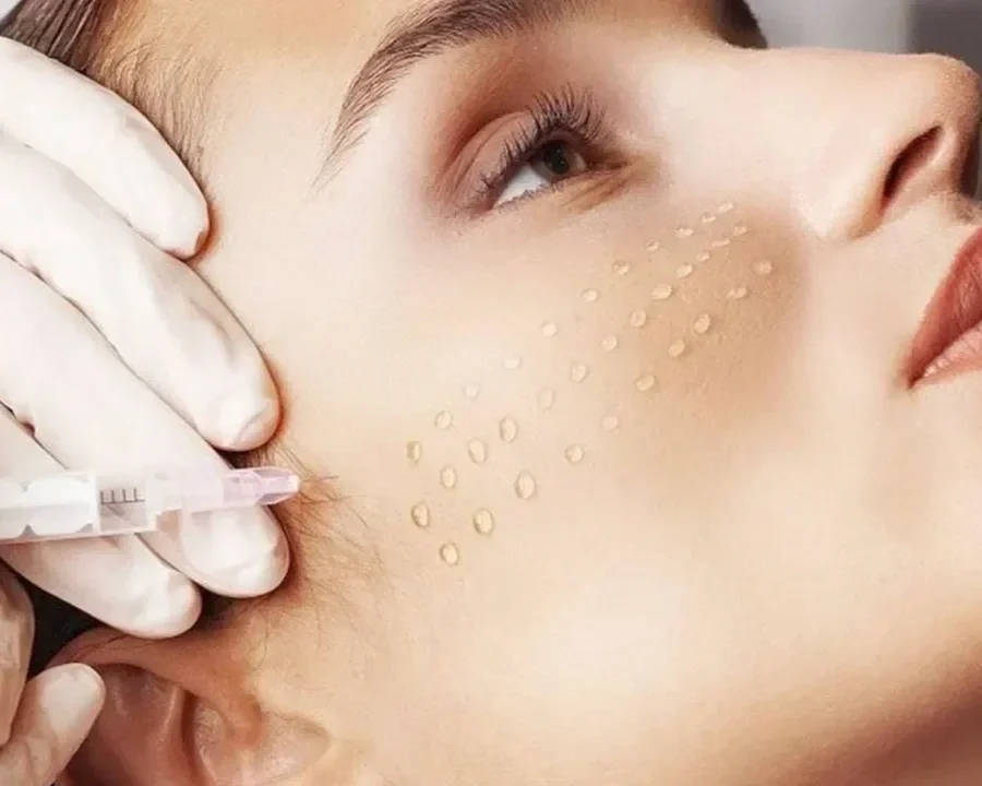 Una donna riceve un trattamento estetico per ridurre le linee di androgena sul viso, che vengono trattate con un'iniezione con ago, probabilmente un trattamento di medicina estetica.