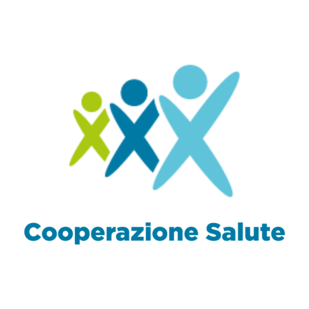 Logo con tre figure stilizzate di persone di diversi colori e dimensioni, accompagnato dal testo "Cooperazione Salute".