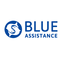Logo di Blue Assistance con testo blu e un'icona di uno scorpione stilizzato.