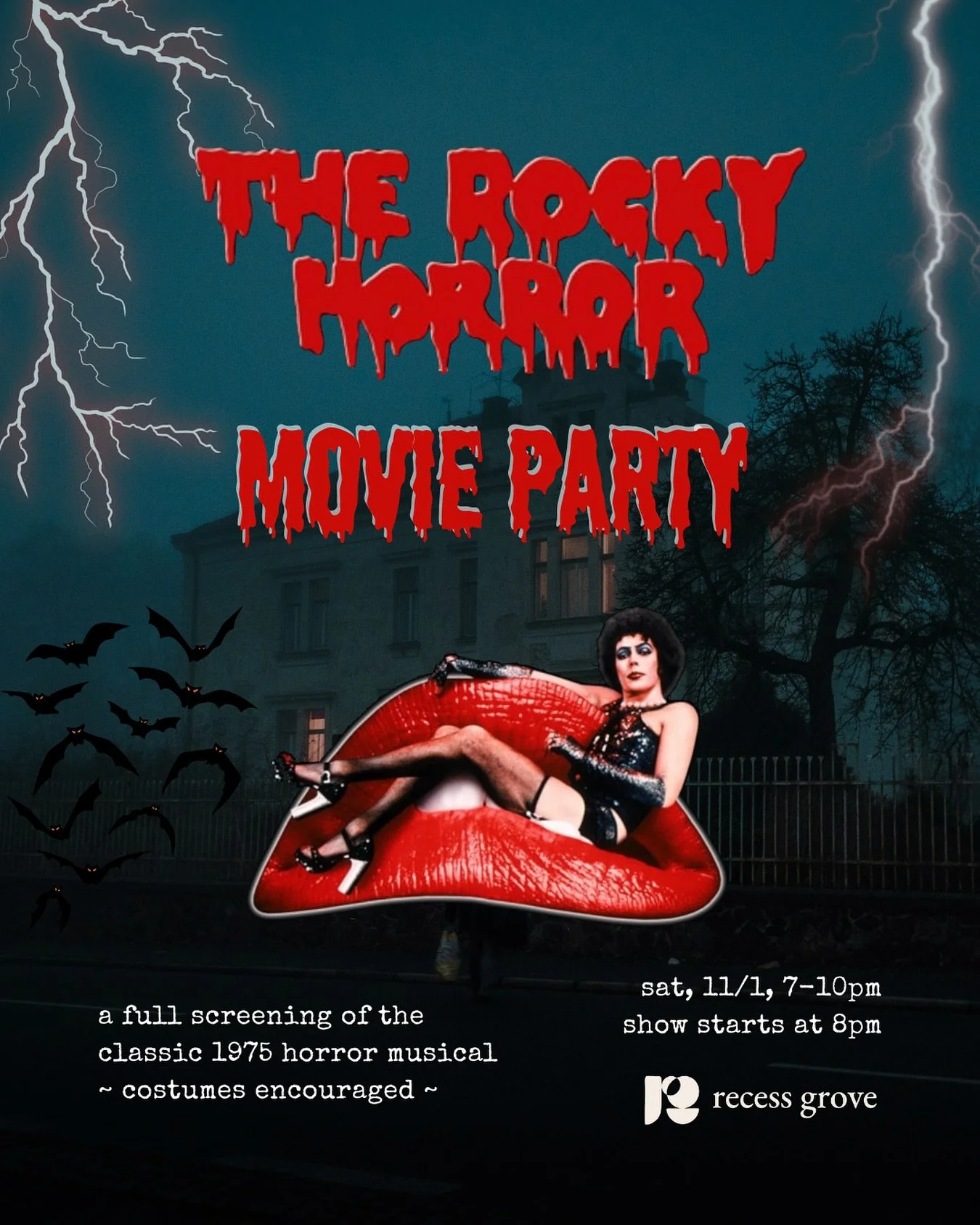 celebrate the 50th anniversary of the cult classic film Rocky Horror Picture Show with a movie party
costumes and sing alongs encouraged!
saturday 11/1, 7-10pm, show starts at 8pm
tix $15 at events link in bio, recessgrove.com/events