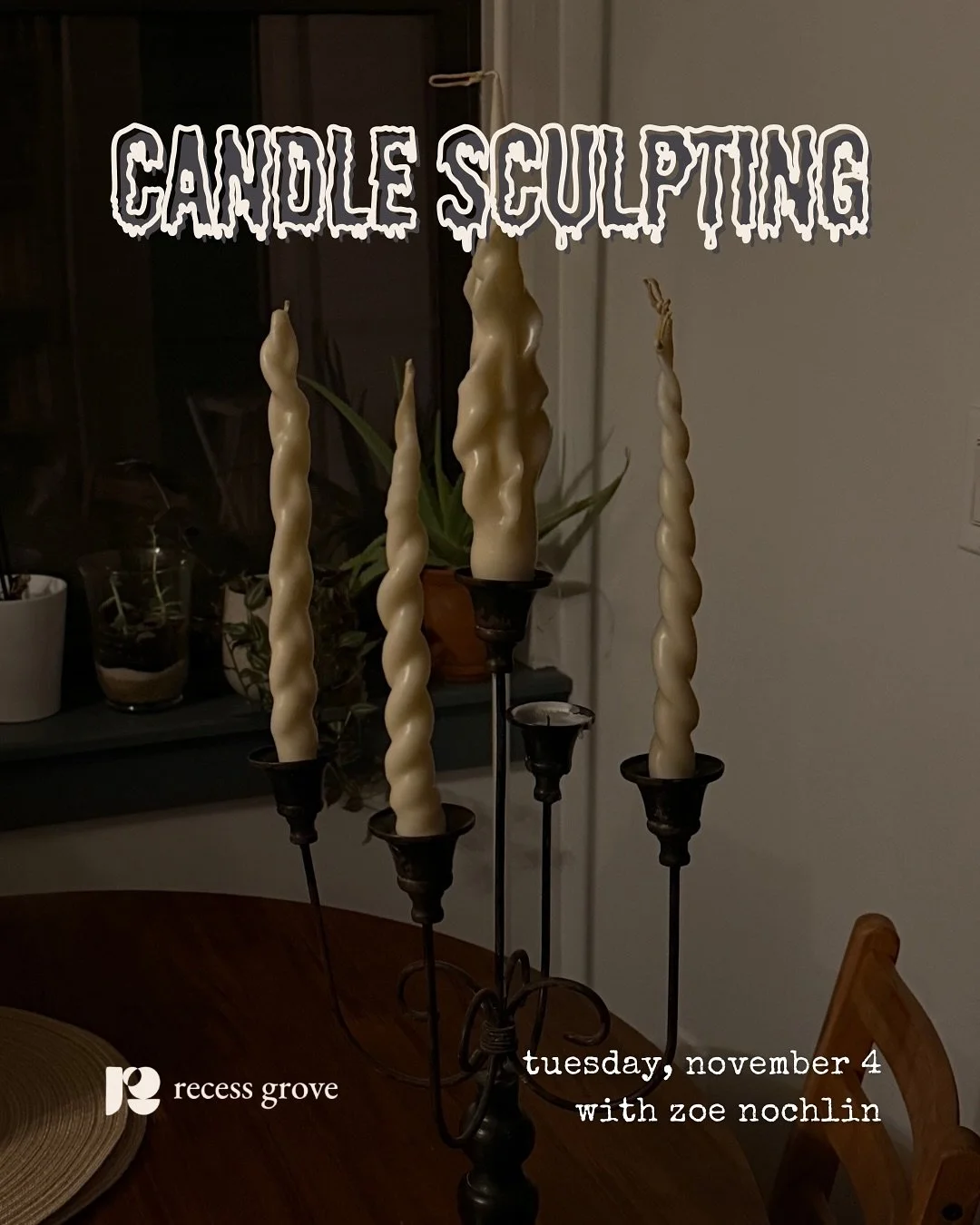🕯️ candle sculpting is back on 11/4
learn to hand dip, sculpt and twist wax to your desired form, and leave with a set of custom 100% beeswax candles to set the vibe at home or gift to a loved one
taught by local artist @zoenochlin 
all supplies