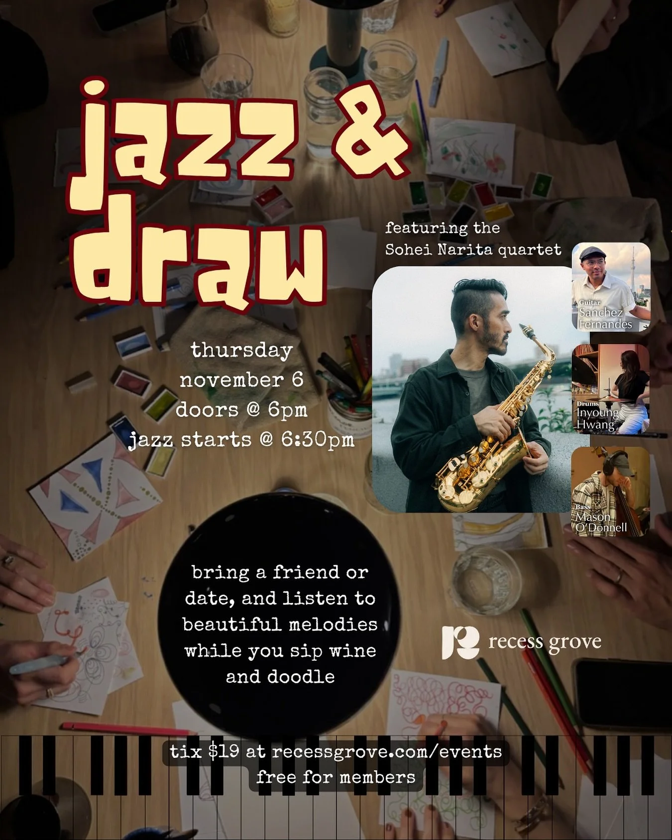 🎷🎶 explore your creativity and unwind from the grind at this special edition of our weekly studio social creative happy hour, featuring live jazz with the @soheinarita quartet
bring a friend or a date, and listen to beautiful melodies while you si