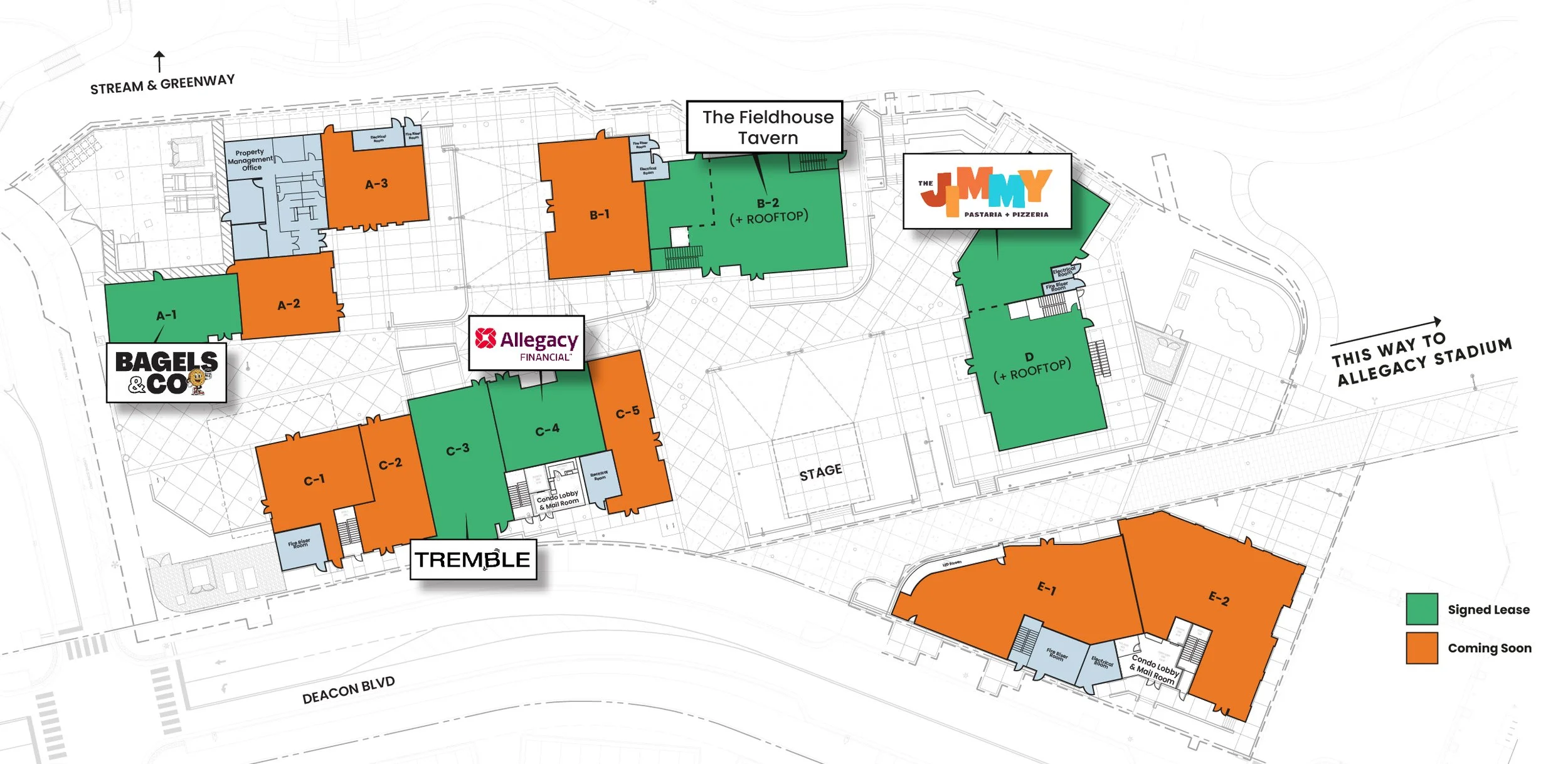 Site plan showing Retail Village tenants and spaces