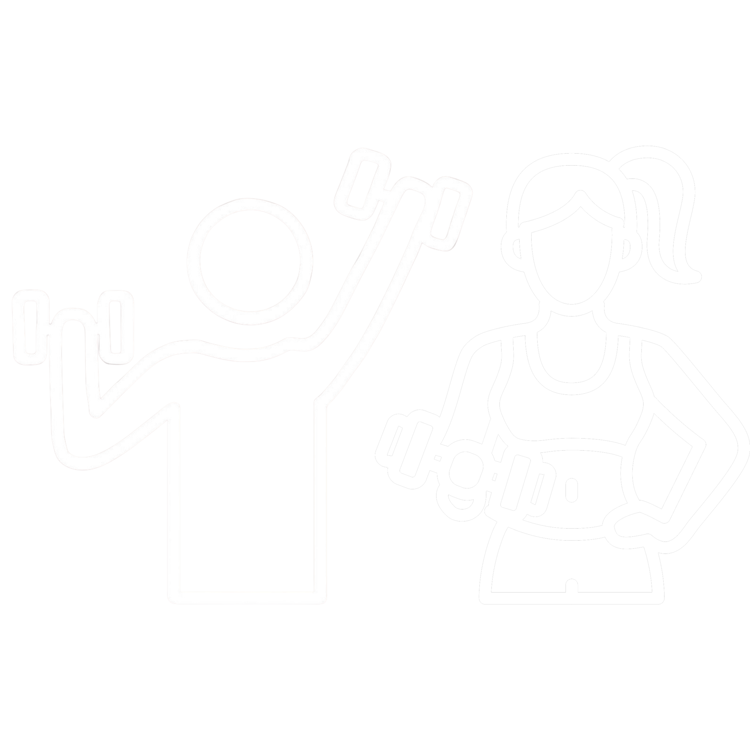 Line drawing of a man lifting dumbbells and a woman lifting dumbbells, representing fitness or workout.