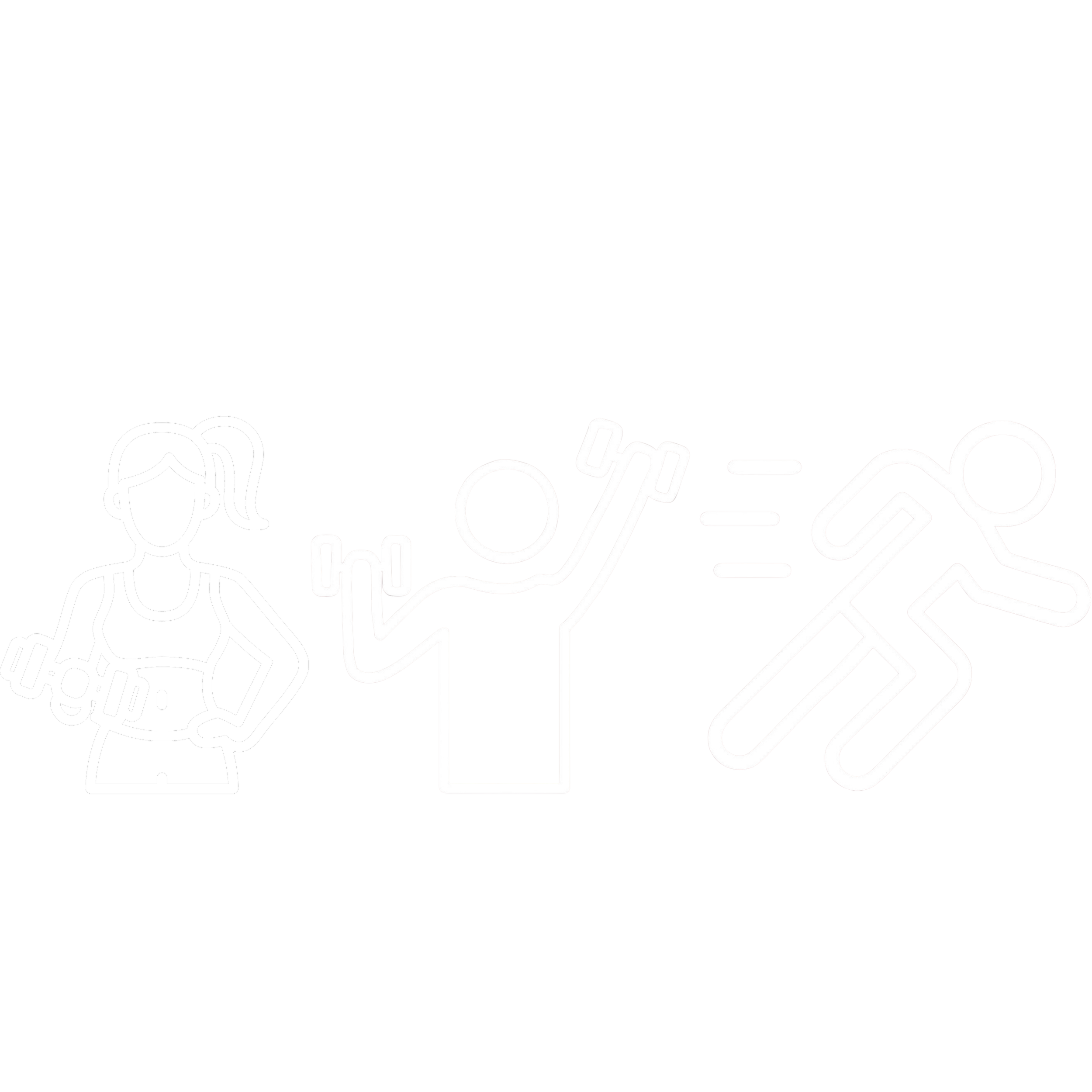 Neon illustration of three people exercising with dumbbells on a black background.