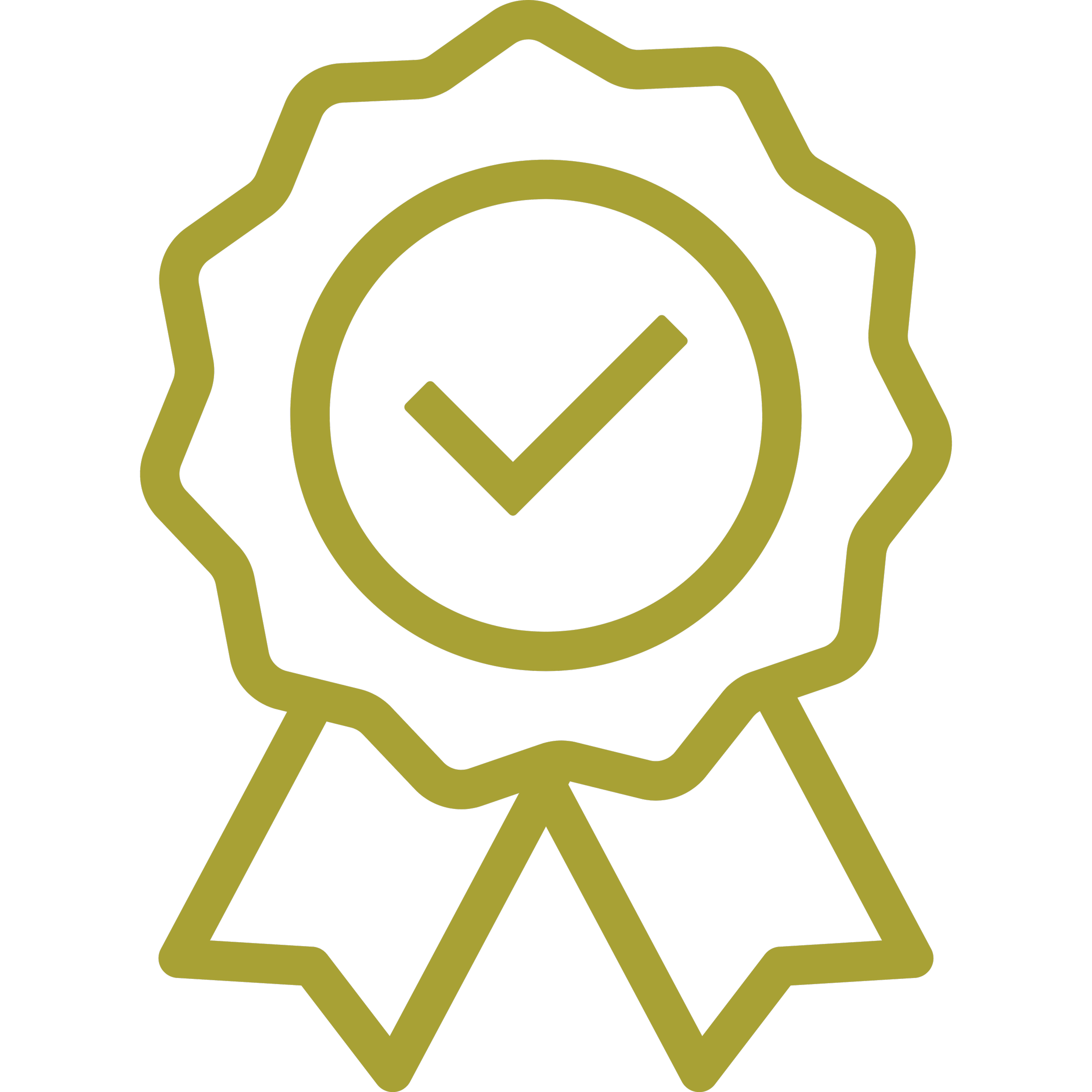 Gold award badge with check mark in center on black background.