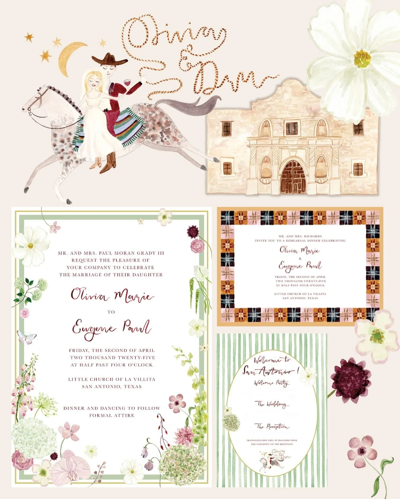 Olivia &amp; Dru&rsquo;s Texas nuptials, one of the last suites I worked on before my maternity leave. A couple&rsquo;s monogram riding off into the sunset together, it was lovely to create a suite with both romantic, classic elements and some more f