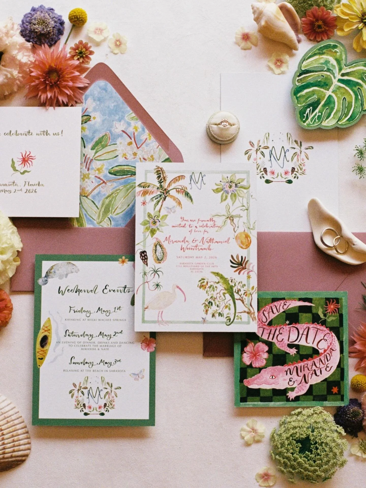 Some more flat lays of M&amp;N&rsquo;s gorgeous Floridian wedding back in May 🦋🦎