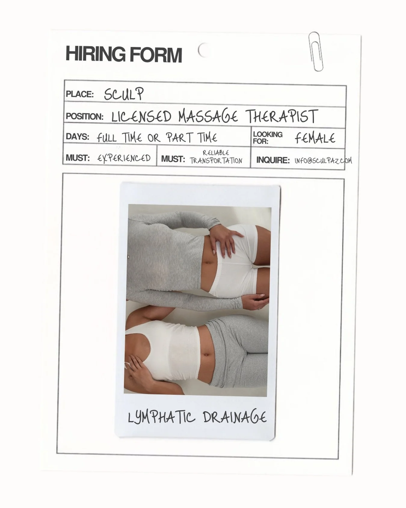 WE&rsquo;RE GROWING. Sculp is hiring a Licensed Massage Therapist specializing in lymphatic drainage.

If you&rsquo;re experienced, passionate about results-driven care, and want to work in a modern wellness environment, we&rsquo;d love to connect.

