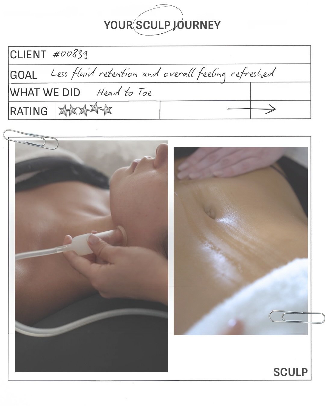 Every session starts with a different goal.

For this client, it was feeling less puffy, more refreshed, and leaving with smoother-looking contours from head to toe.

Our Head to Toe session combines full-face and body techniques into one personalize