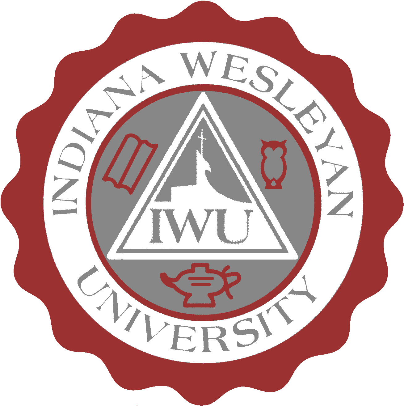 Seal of Indiana Wesleyan University with a red scalloped border, containing a triangle with the letters 'IWU', symbols of a book, cross, owl, and lamp, and the university's name around the perimeter.