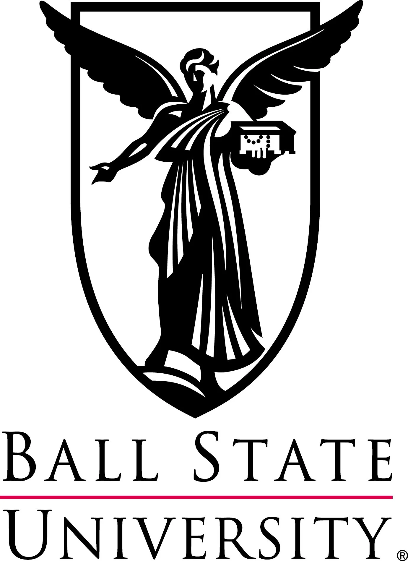 Black and white logo of Ball State University featuring an angel holding a tablet, with the university's name below.