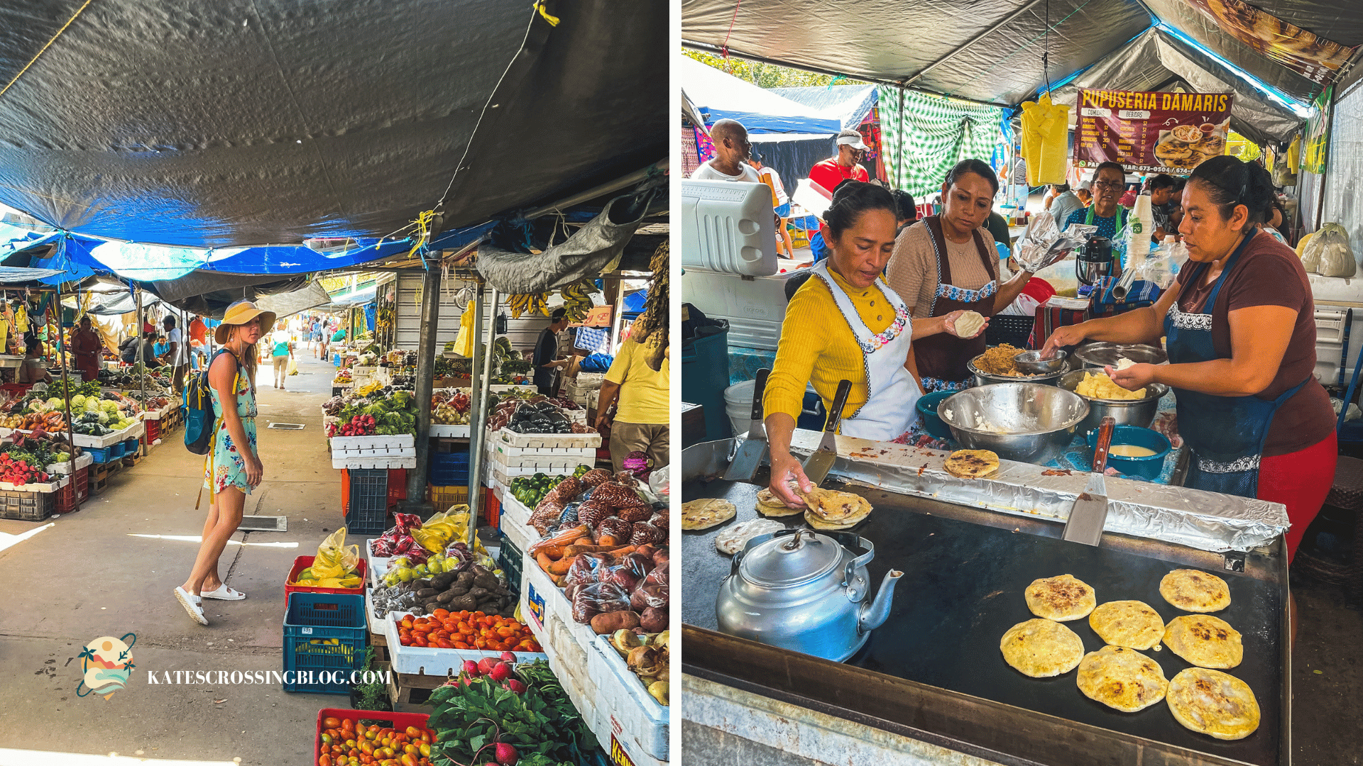 Local Belize Women cooking street food over a large griddle with tents and people sitting at tables behind them. 