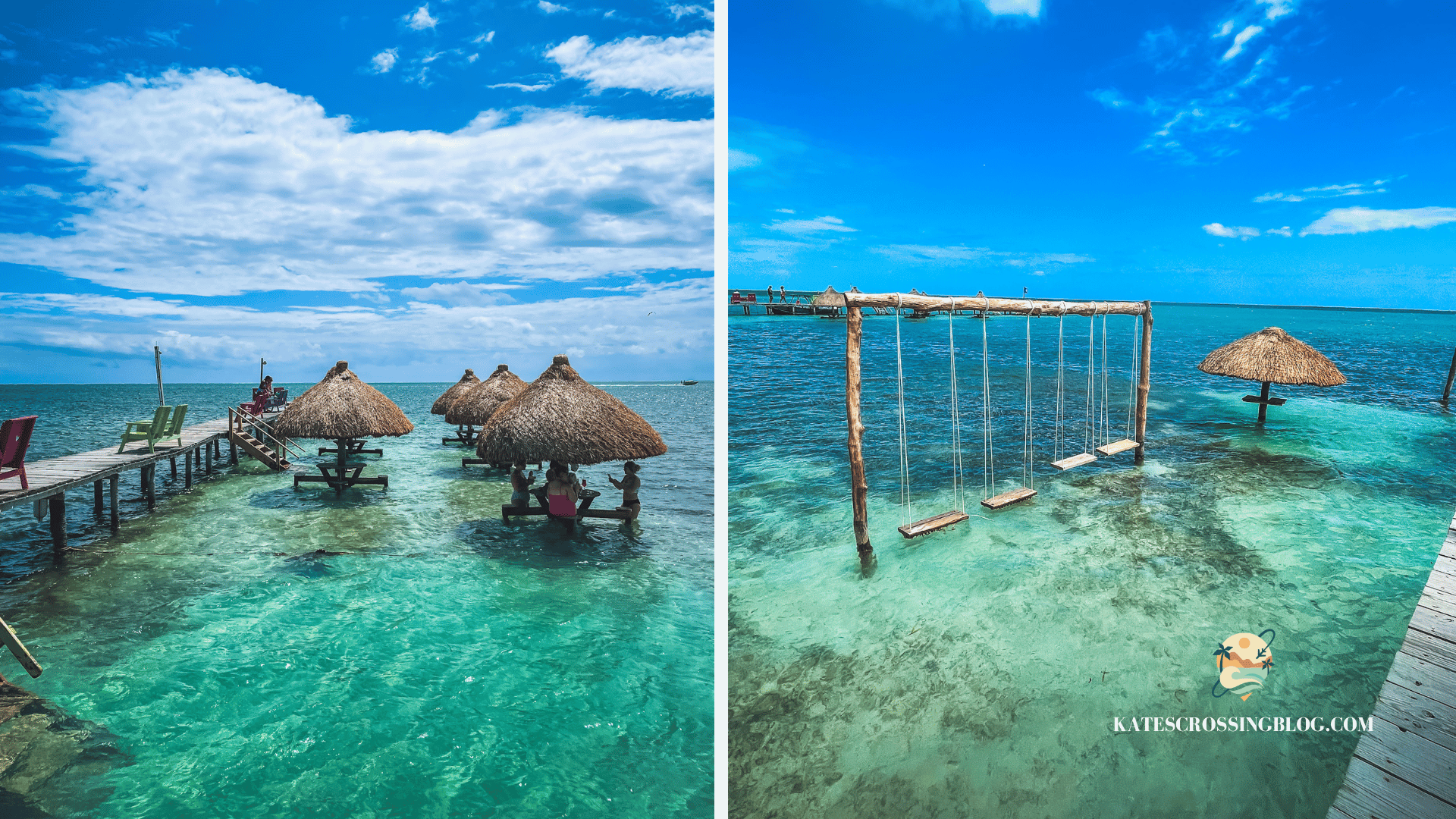 Thatched roof cabanas in turquoise water with a dock and swings in the water.