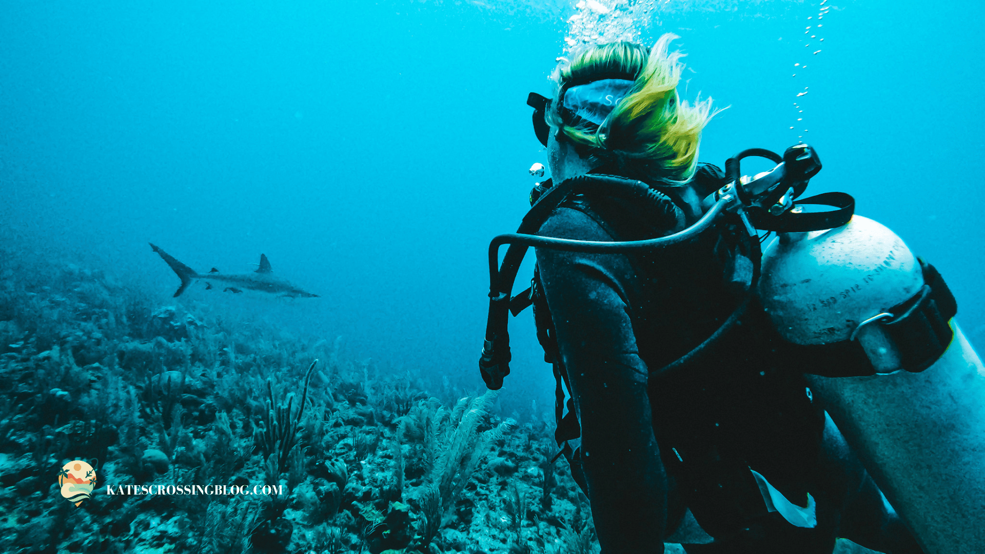 Kate looking at a shark off in the distance while scuba diving in the crystal clear turquoise water of Belize. 