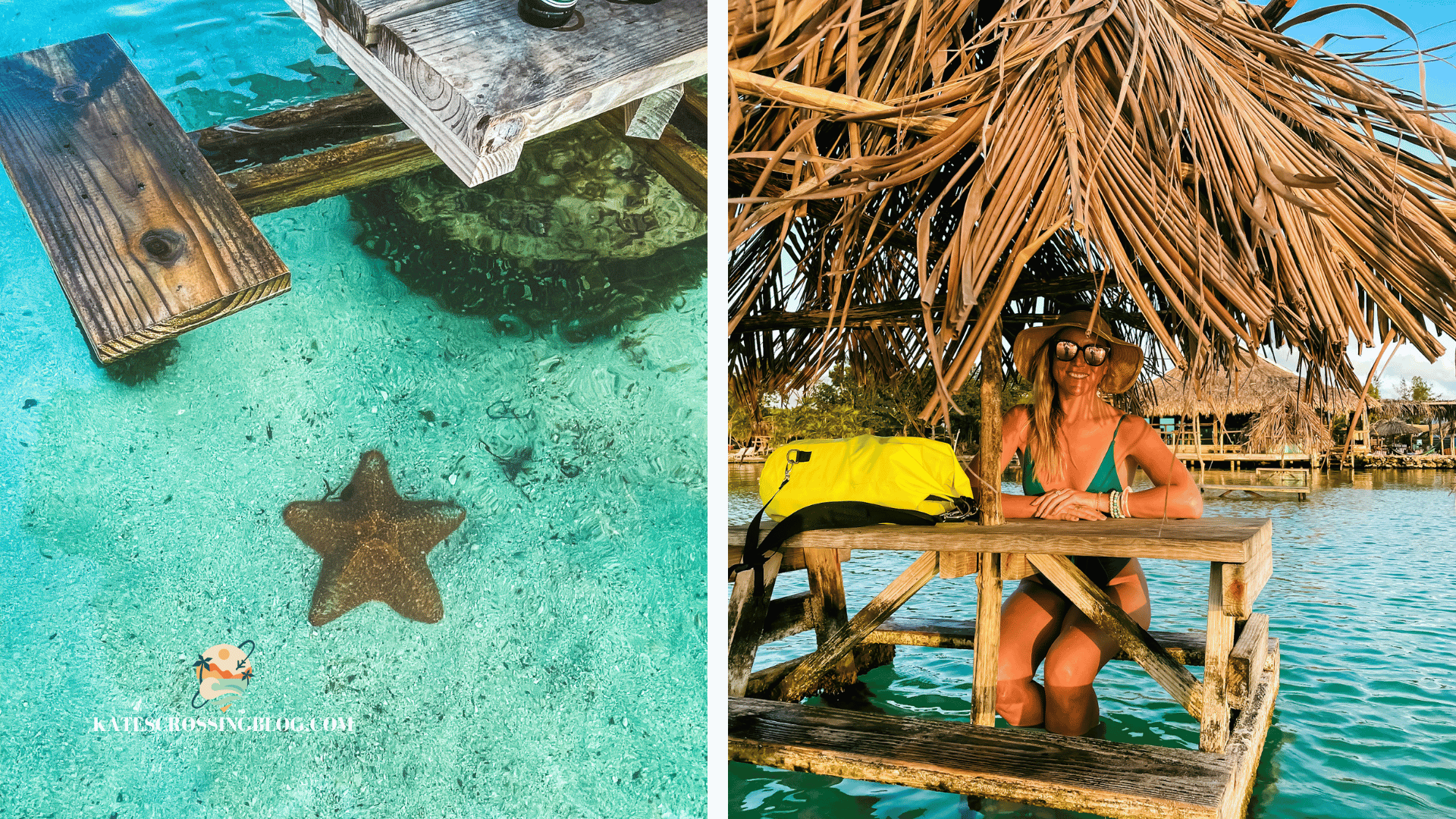Kate sitting at a thatched roof cabana out in the turquoise water, wearing a turquoise swimsuit and a starfish next to the cabana in the sand. 