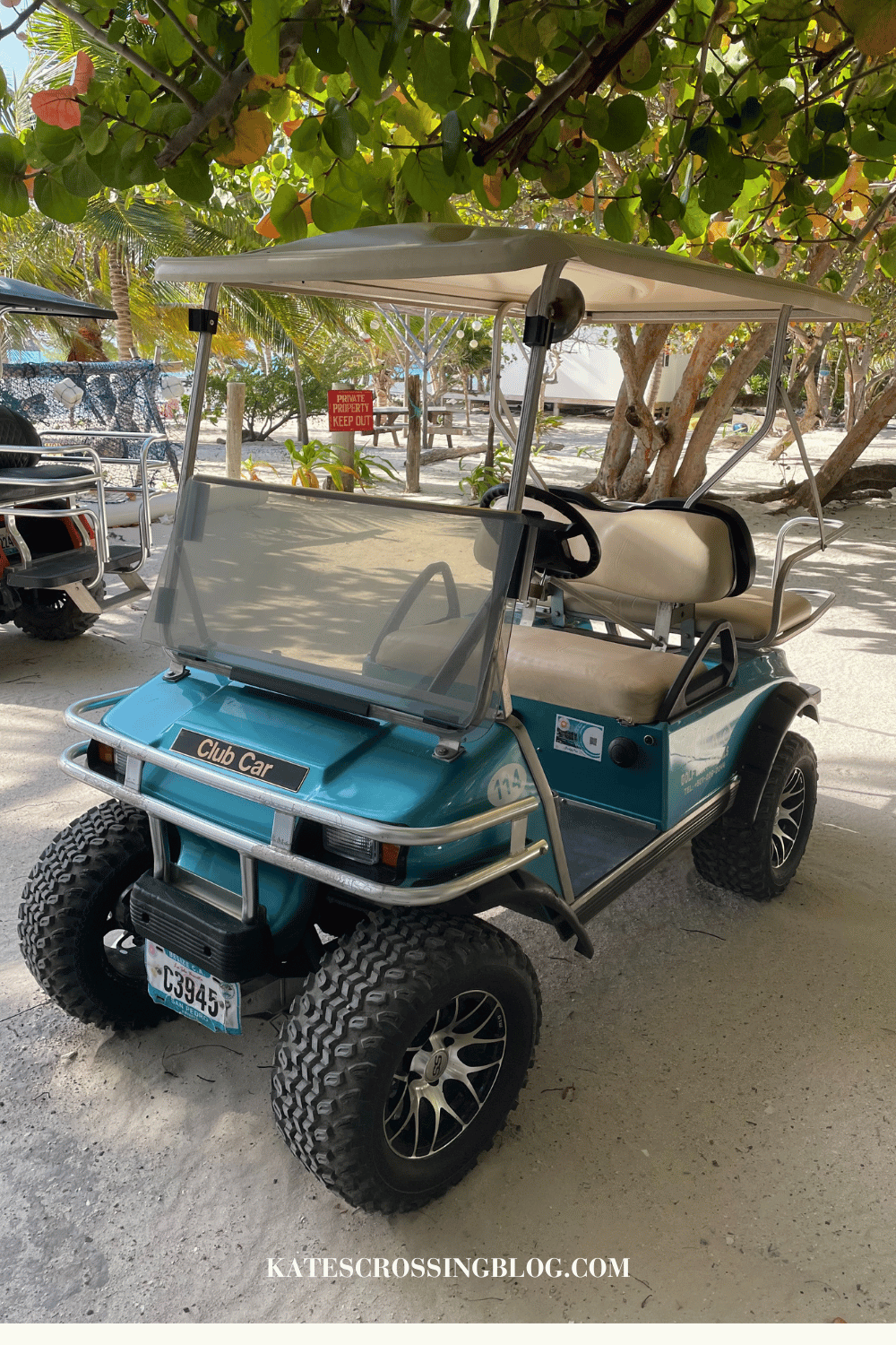 A turquoise golf cart parked on a sandy road with jungle trees surrounding it. 