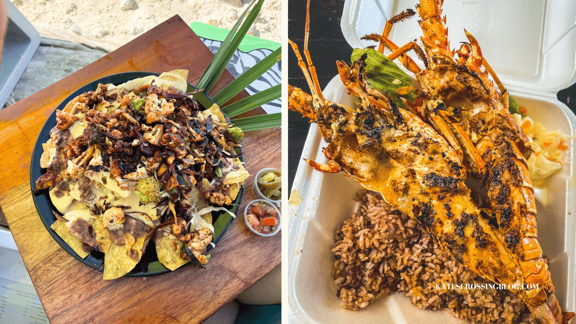 Dishes of lobster nachos and whole grilled lobsters on a table with a palm leaf for garnish. 
