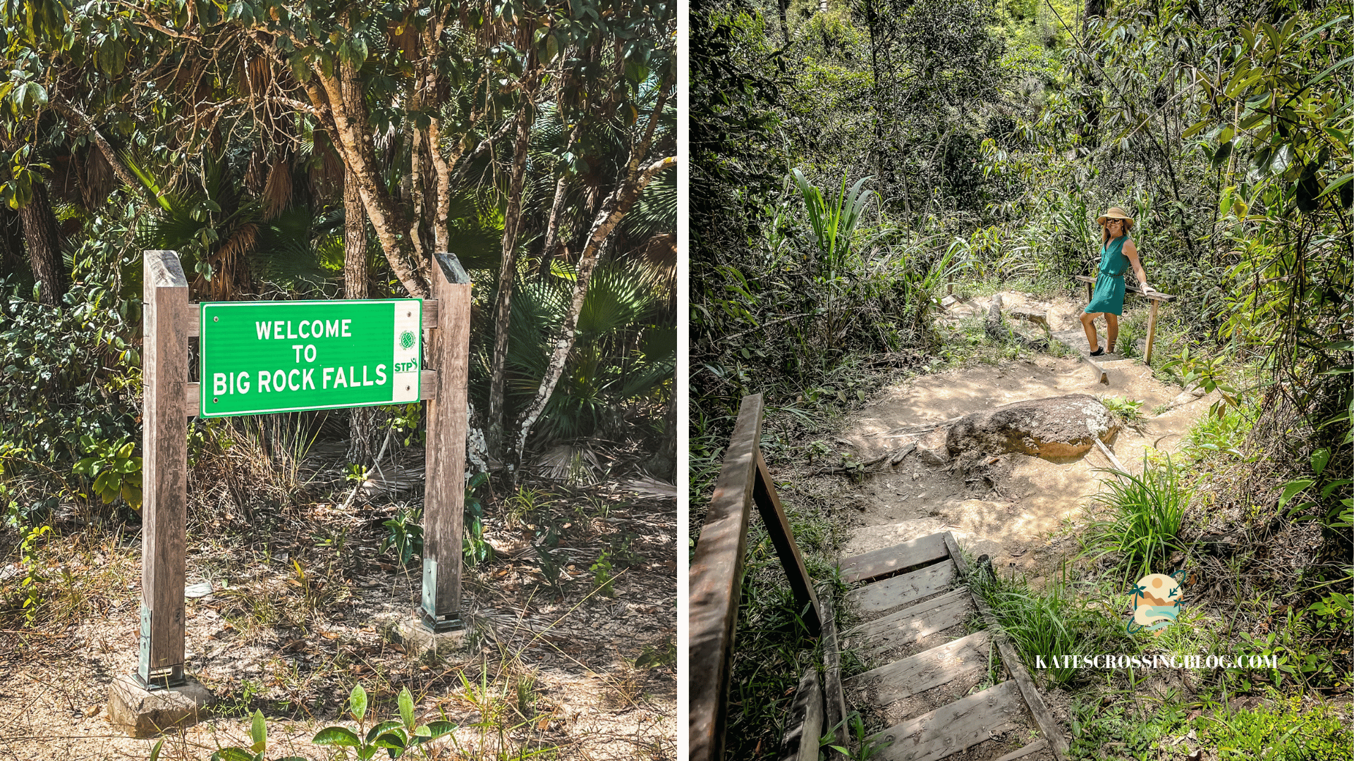 Green sign with white lettering that says "Welcome to Big Rock Falls. Kate is standing on the trail next to sign in a green dress with jungle surrounding the trail. 