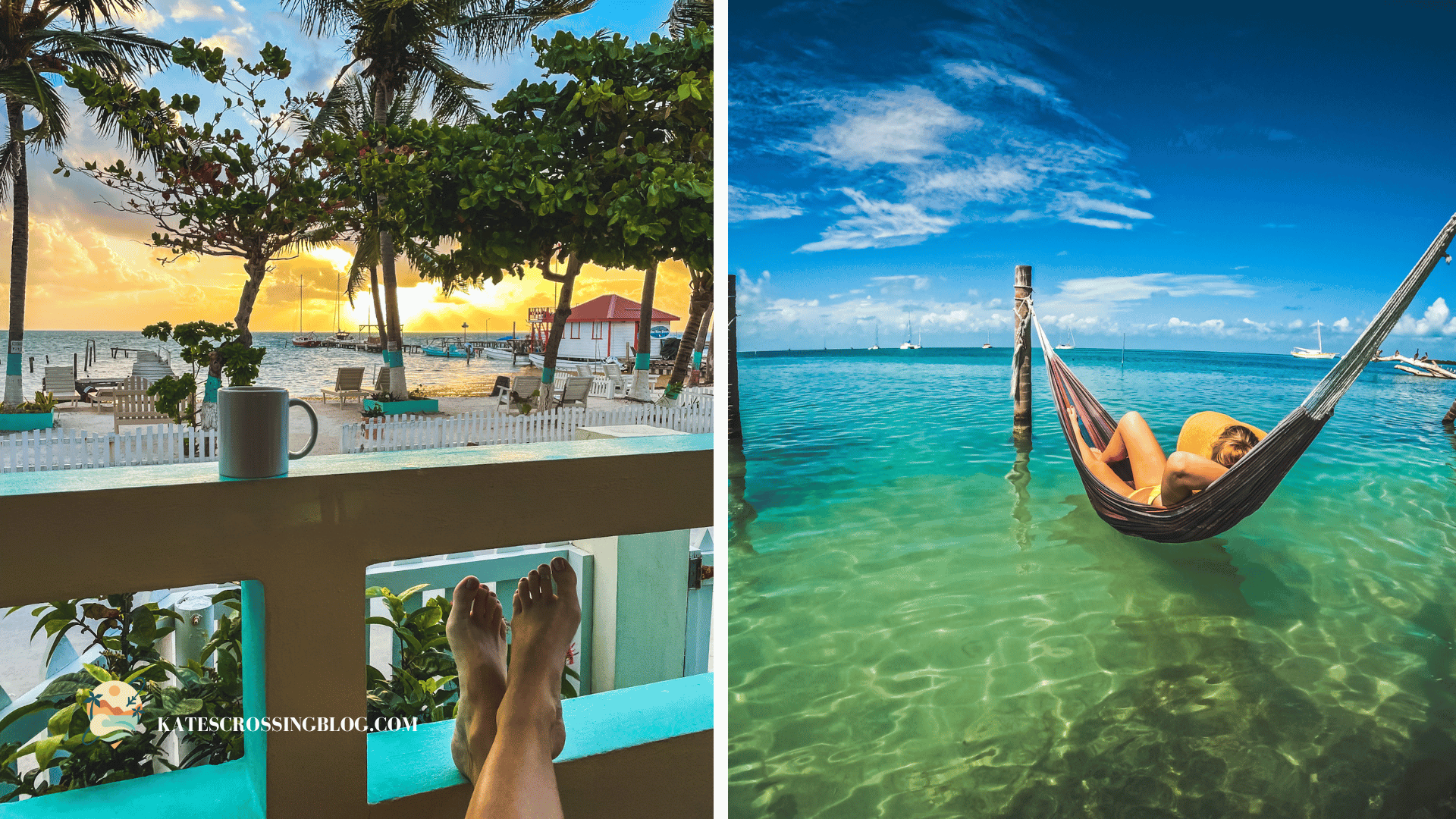Sunrise over a beach with palm trees, while Kate lounges in an overwater hammock in Caye Caulker.