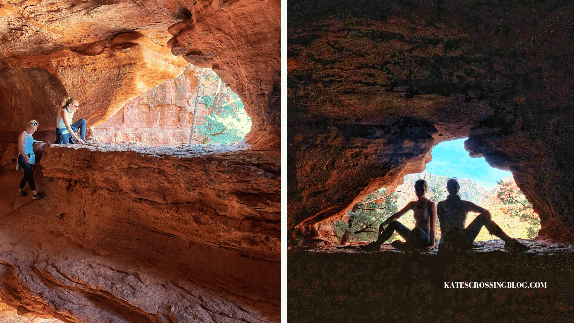 Two images of the hidden Soldier Pass Cave in Sedona: on the left, hikers exploring the cave's ledges, and on the right, silhouettes of Kate and a friend sitting at the cave's entrance with a view of the red rock landscape outside.