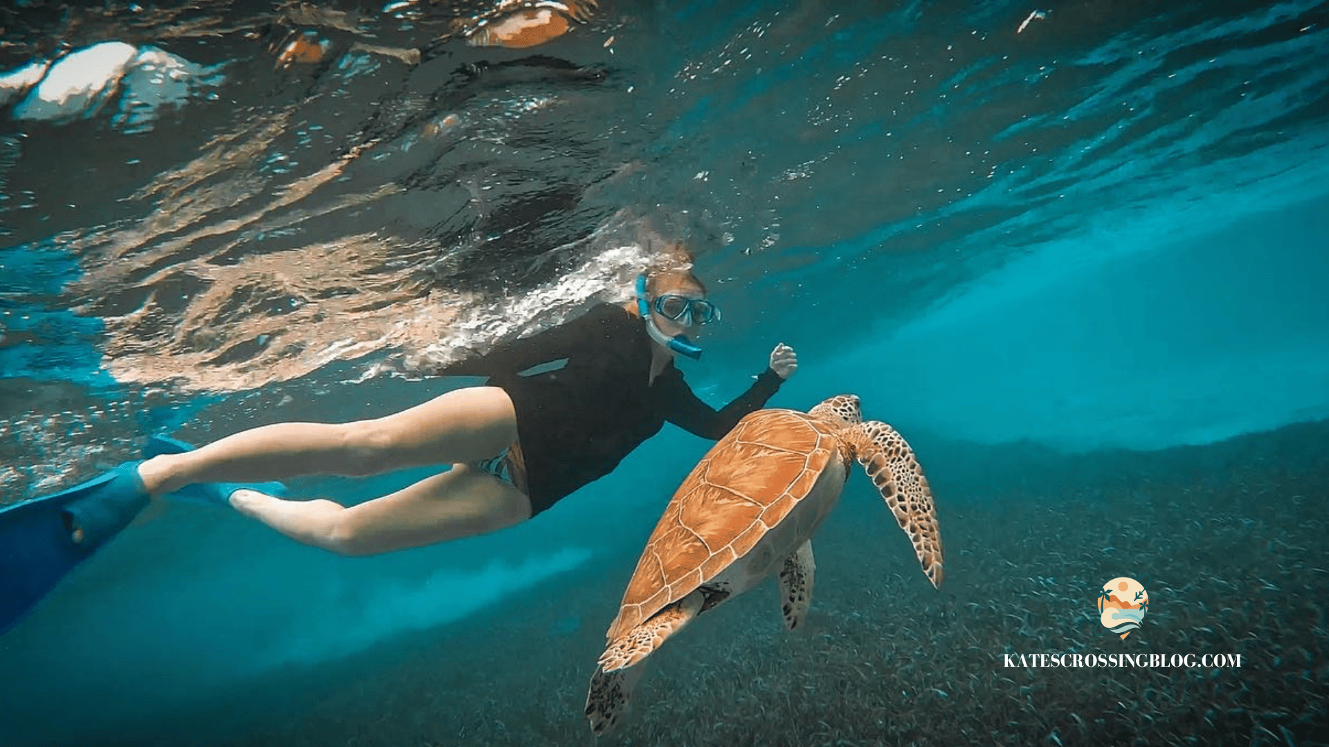 Kate snorkeling alongside a green sea turtle under Belize's turquoise water.