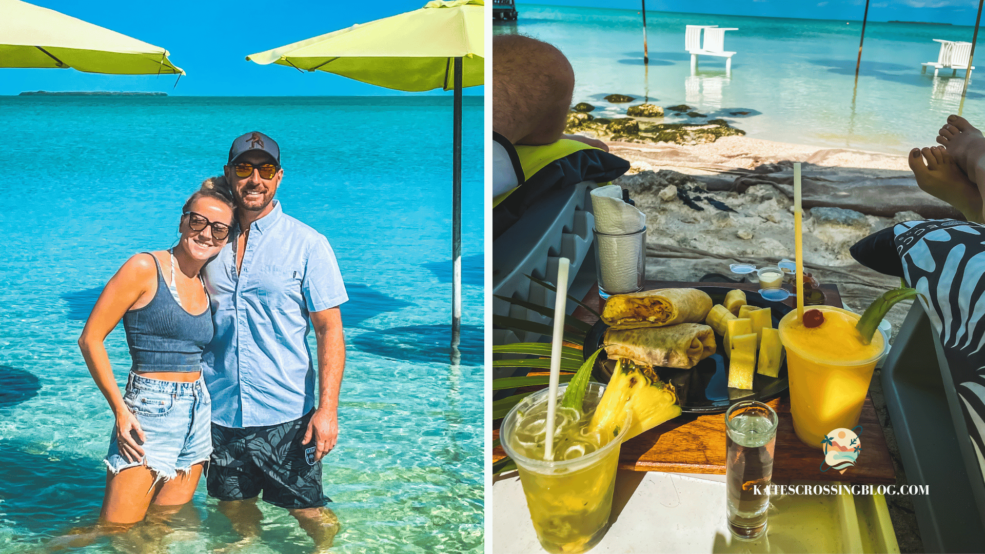 Kate and her husband standing in the shallow turquoise waters along Secret Beach with yellow umbrellas in the background.