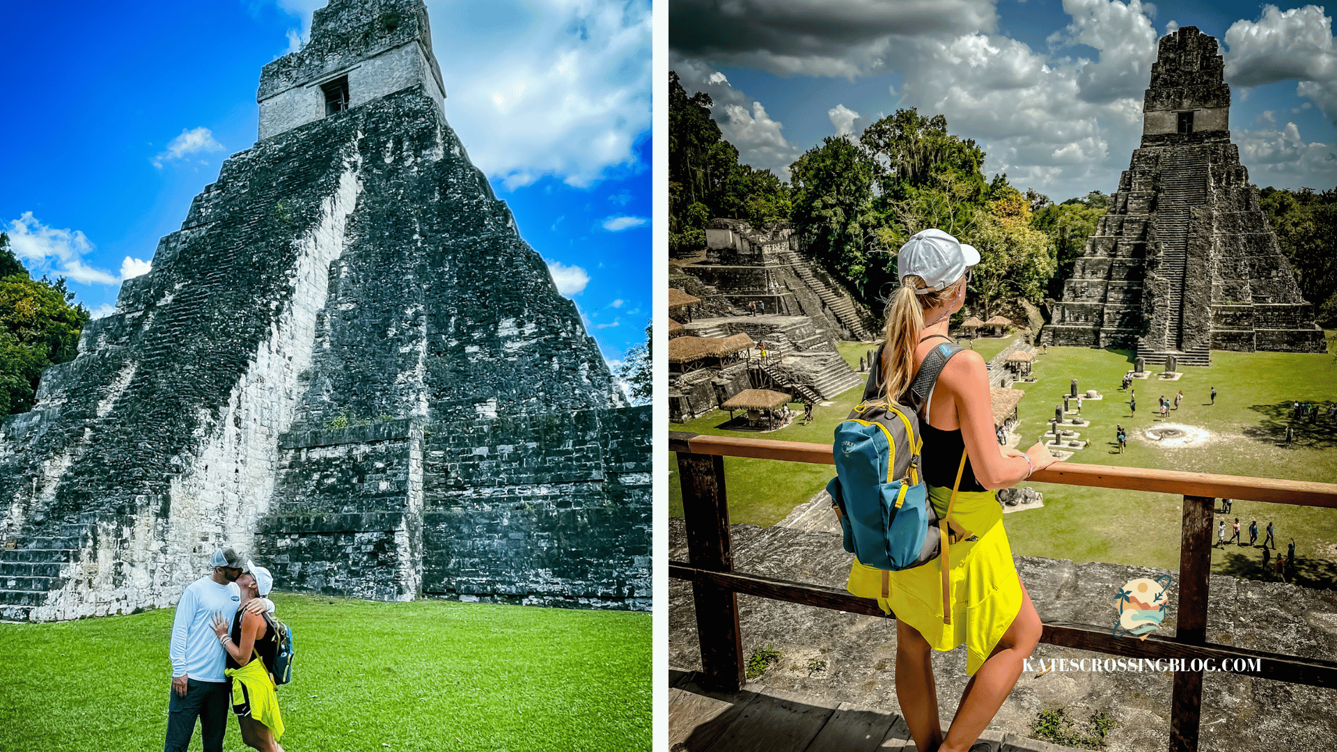Kate is looking across the courtyard in front of the largest Tikal Mayan Temple, wearing a white ball cap and a turquoise backpack. 