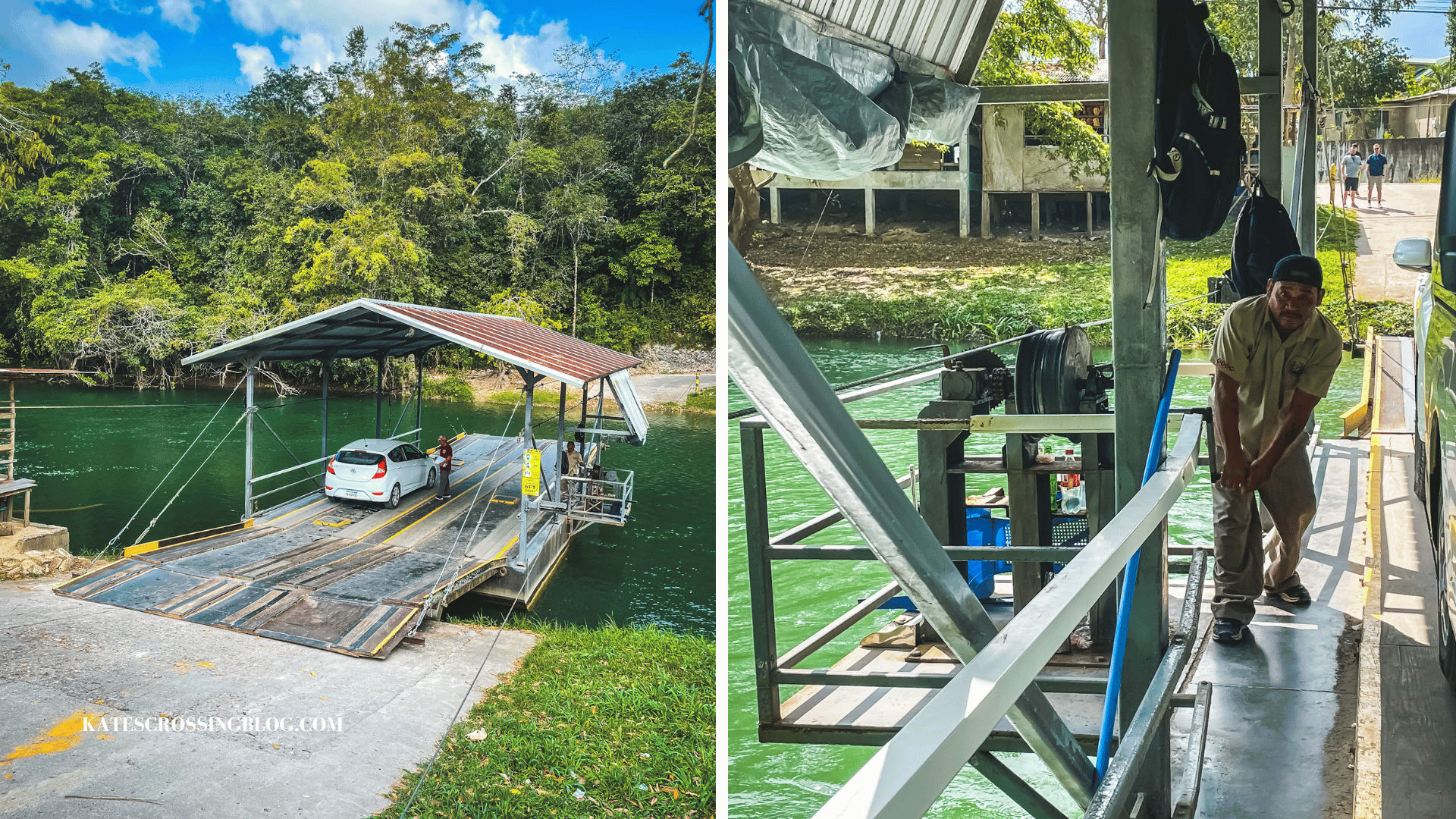 A floating ferry dock crossing a river in San Ignacio Belize by a man cranking a wheel so cars can cross.