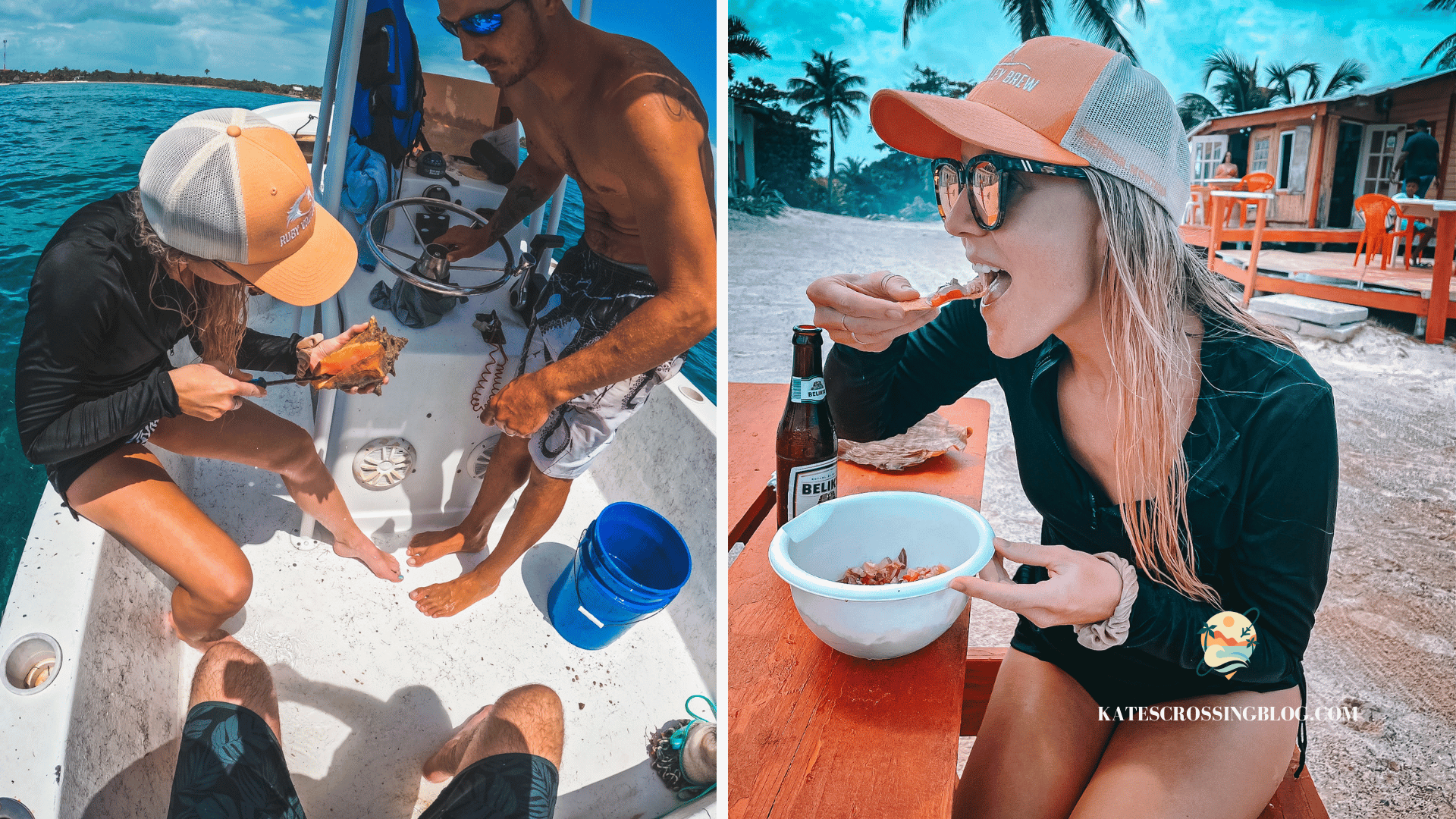 Kate concentrating on cleaning a conch shell with the fishing boat captain standing over her, giving instructions. 