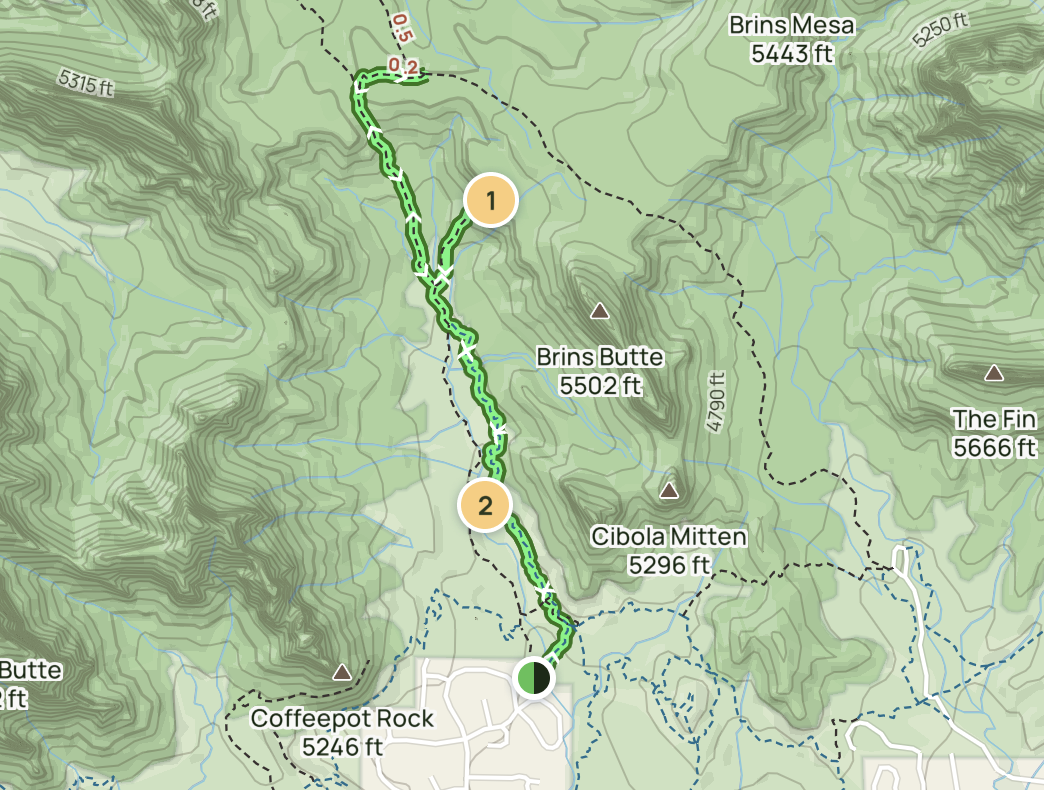 Topographic map of the Soldier Pass Trail in Sedona, highlighting key landmarks such as Brins Butte, Cibola Mitten, and the trail's elevation changes.