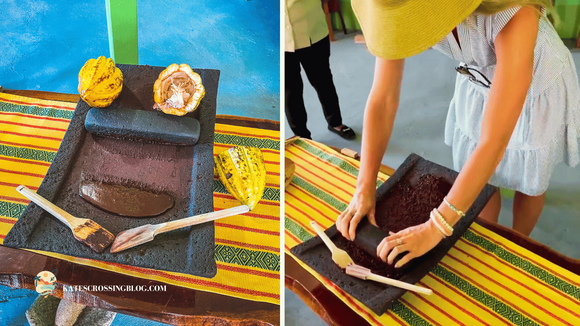 Kate grinding cacao beans with stones on a table with a yellow table runner.