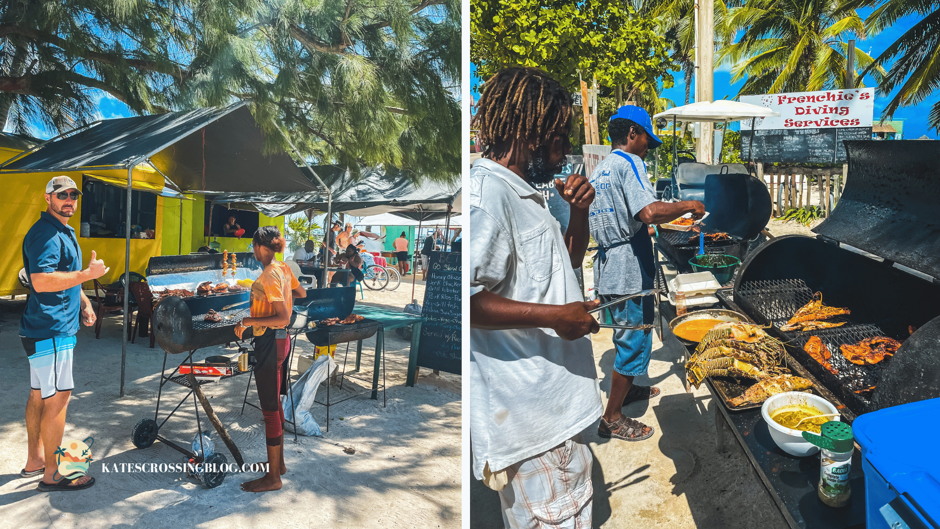 Local Belizeans cooking street food along a sandy street in Caye Caulker, with lobsters and fish on the grill.