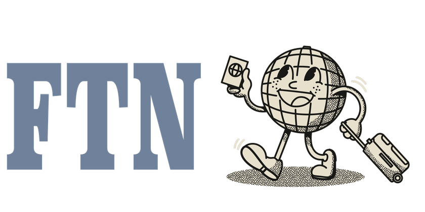 Cartoon character of a globe with a smiling face, holding a cell phone and a backpack, walking with a suitcase, next to the letters 'FTN'.