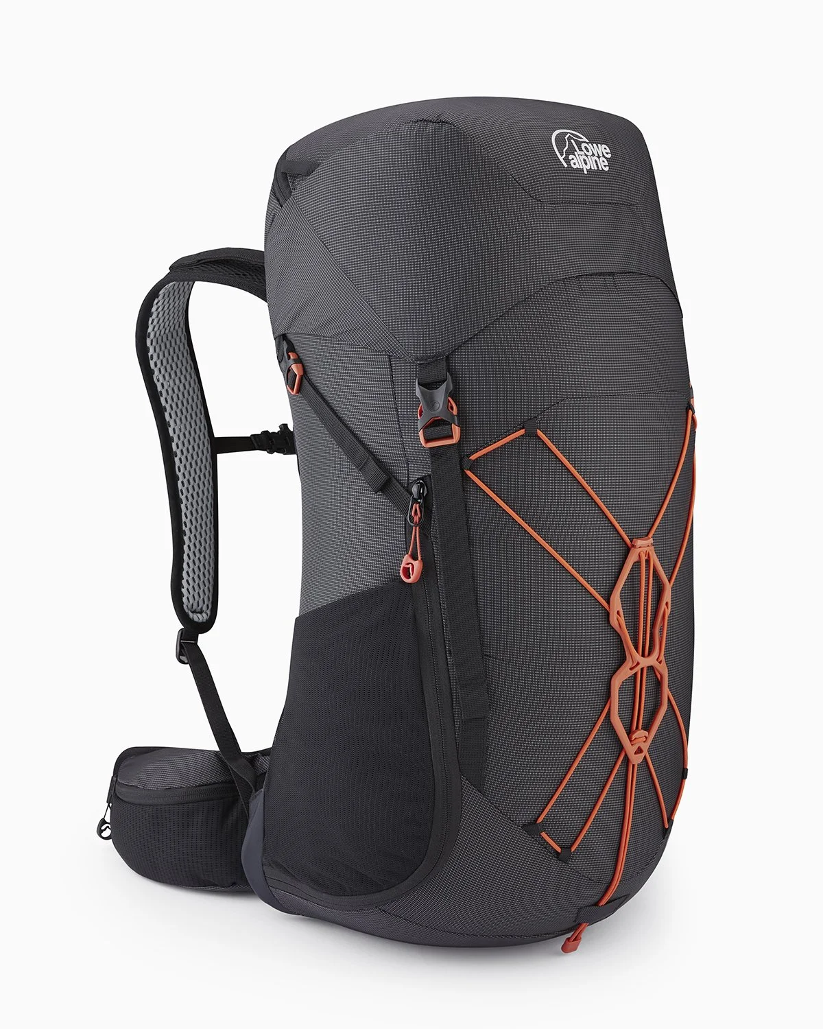 A Lowe Alpine black and gray hiking backpack with orange accents and adjustable straps.