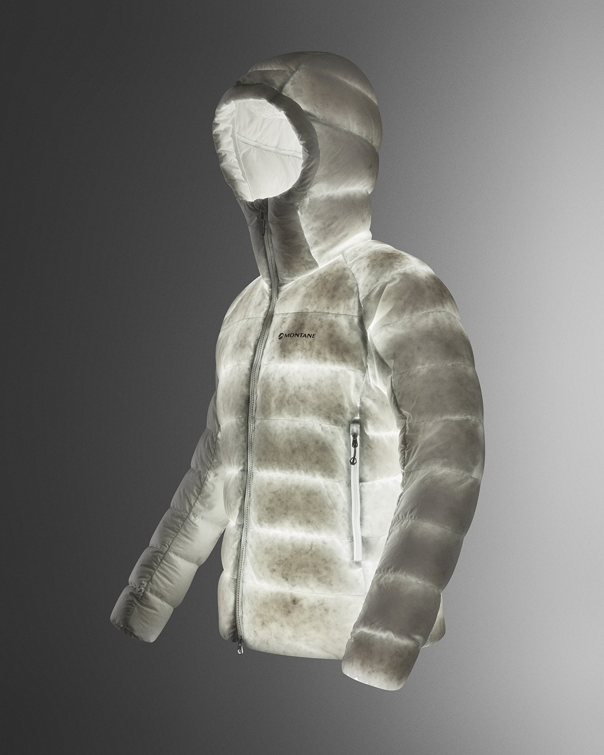 A white, hooded puffer jacket with a zipper front and zippered side pocket, displayed against a plain background.