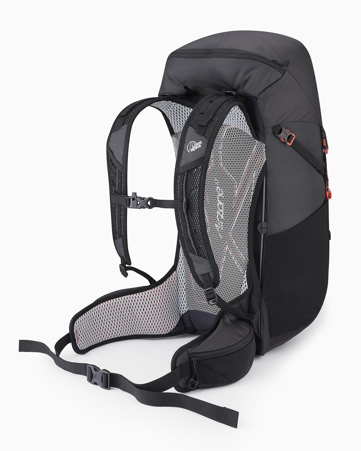 A black and gray hiking backpack with padded shoulder straps and a waist belt, designed for outdoor activities.