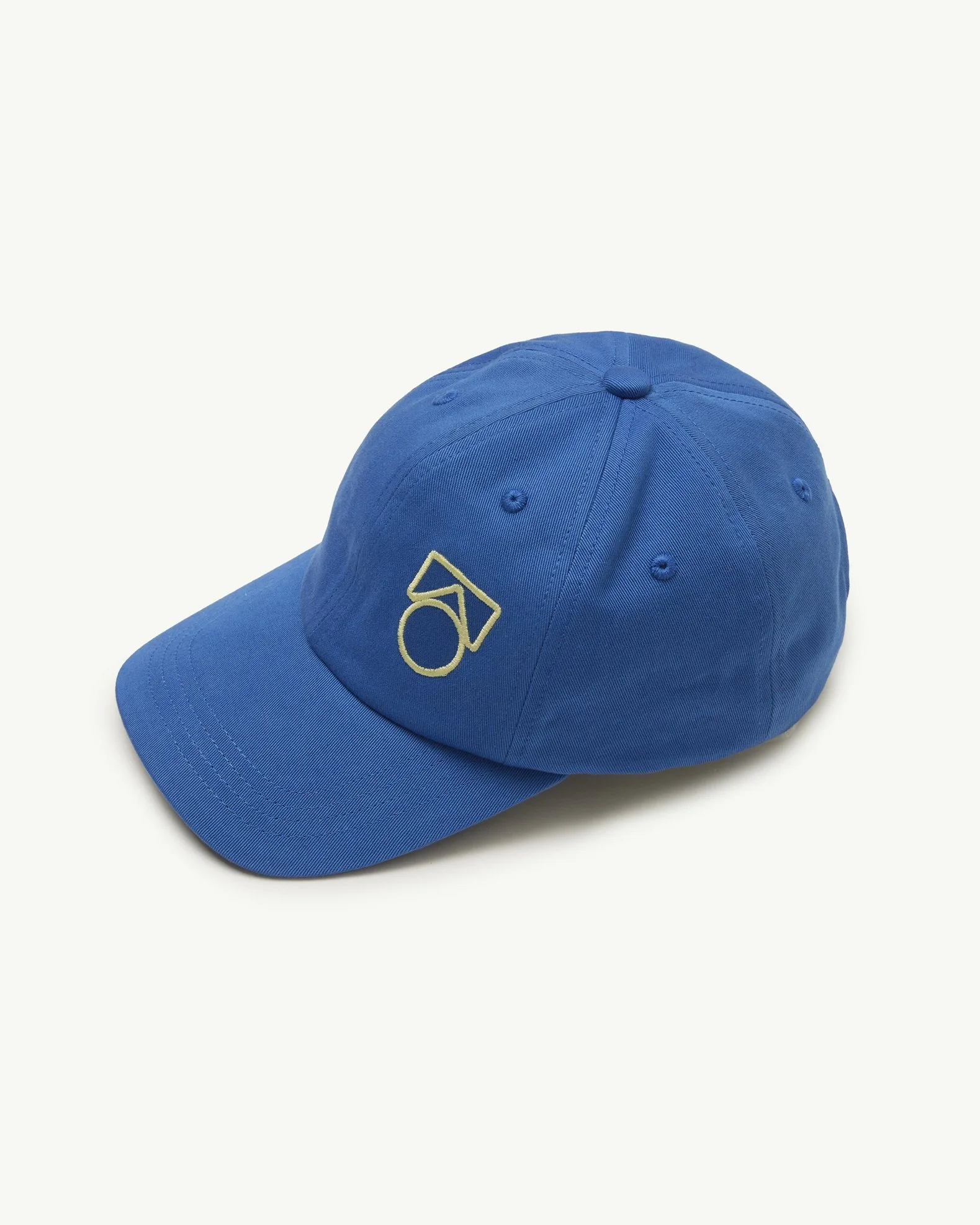 Blue baseball cap with a yellow embroidered logo on the front.
