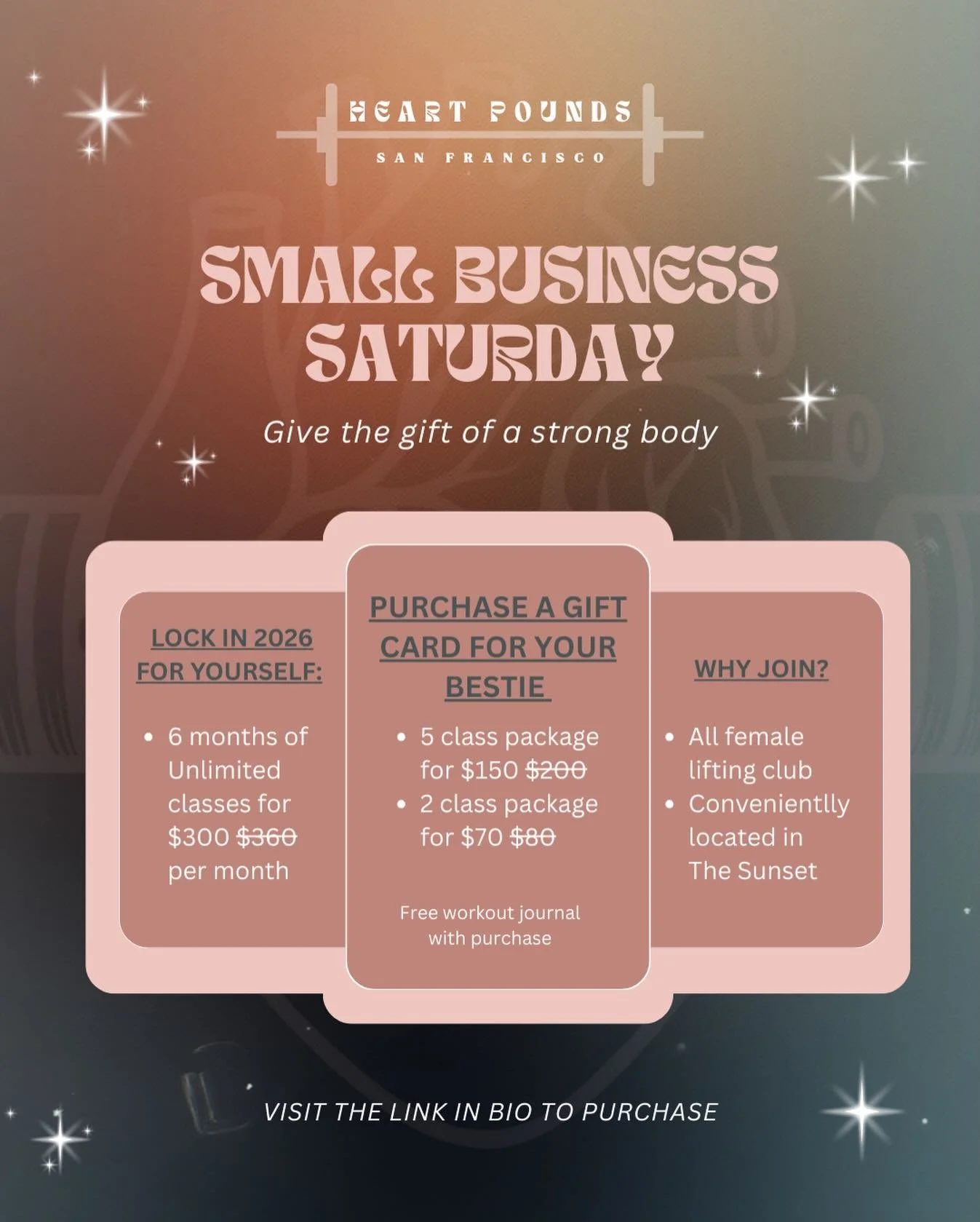 Heading into Small Business Saturday with full hearts&hellip;

For our members, our coaches, and our neighborhood &mdash; you&rsquo;re the reason Heart Pounds SF is more than a gym. You make this place strong, connected, and full of female empowermen