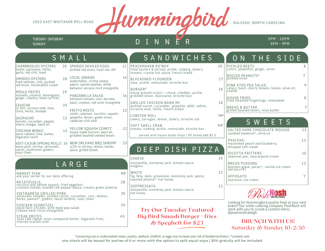 Hummingbird Menu Menu — Hummingbird