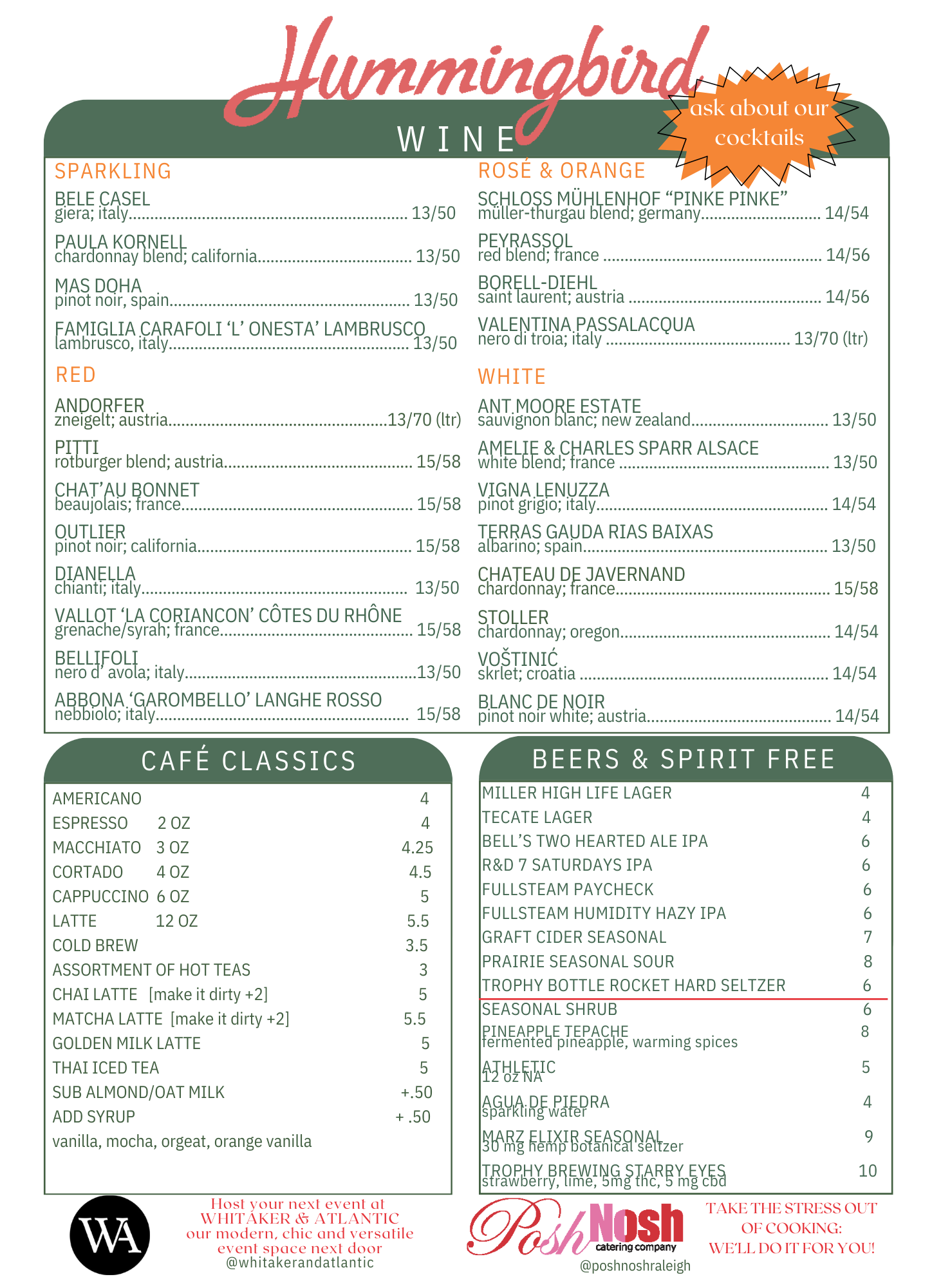 Hummingbird Menu Menu — Hummingbird