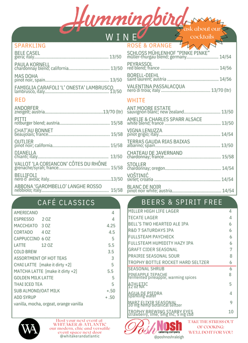 Hummingbird Menu Menu — Hummingbird