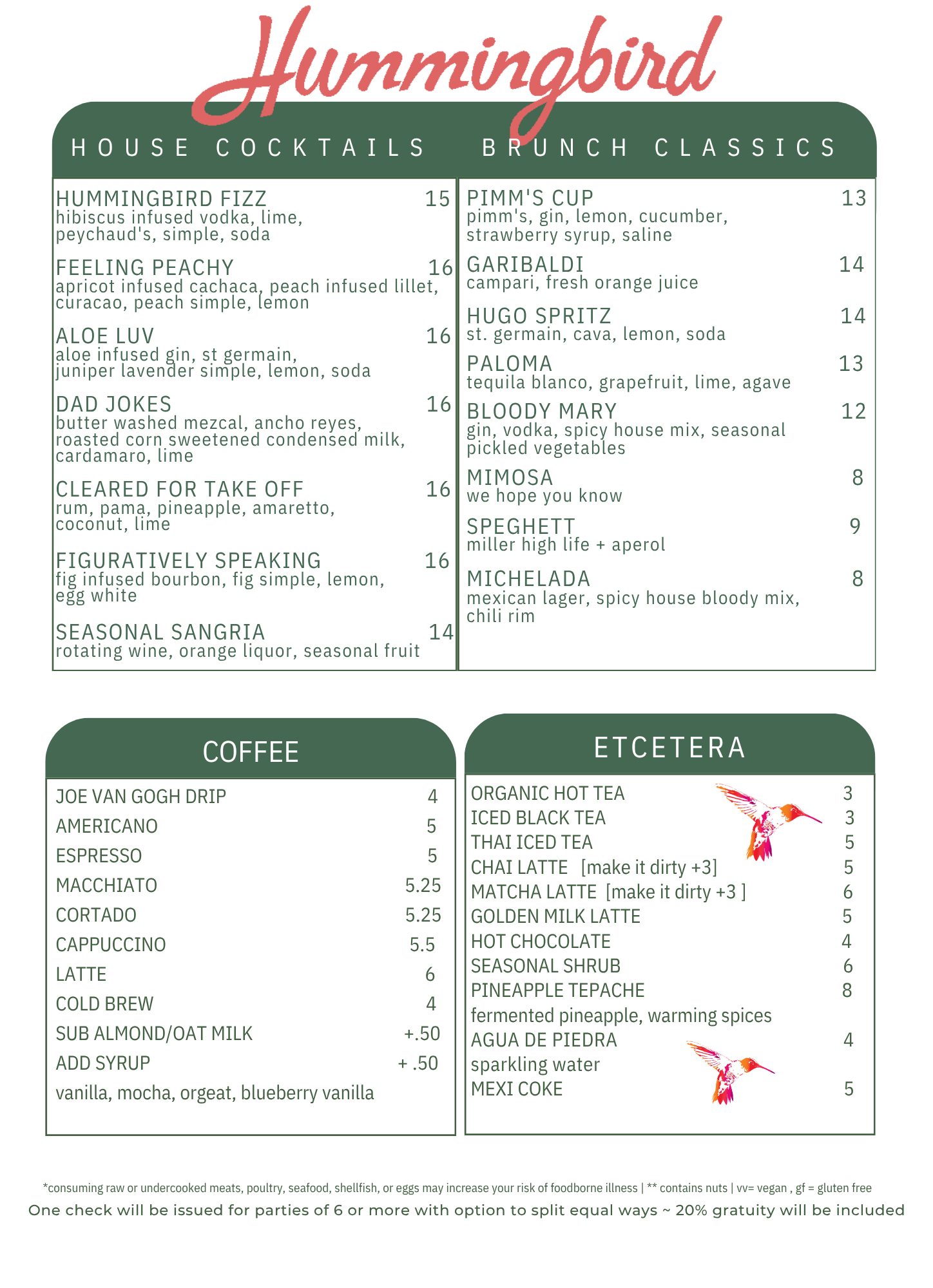 Hummingbird Menu Menu — Hummingbird