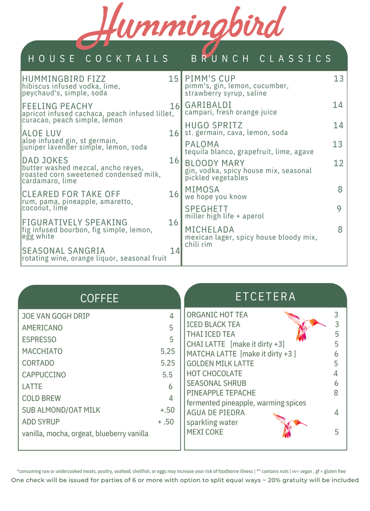 Hummingbird Menu Menu — Hummingbird