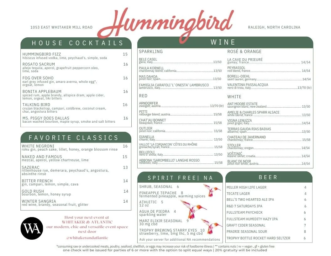 Hummingbird Menu Menu — Hummingbird