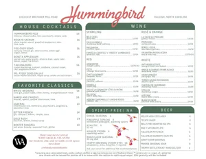Hummingbird Menu Menu — Hummingbird