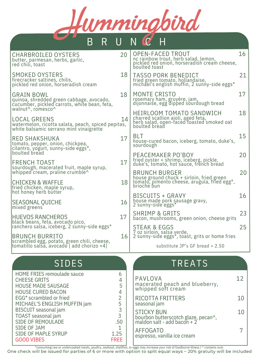 Hummingbird Menu Menu — Hummingbird