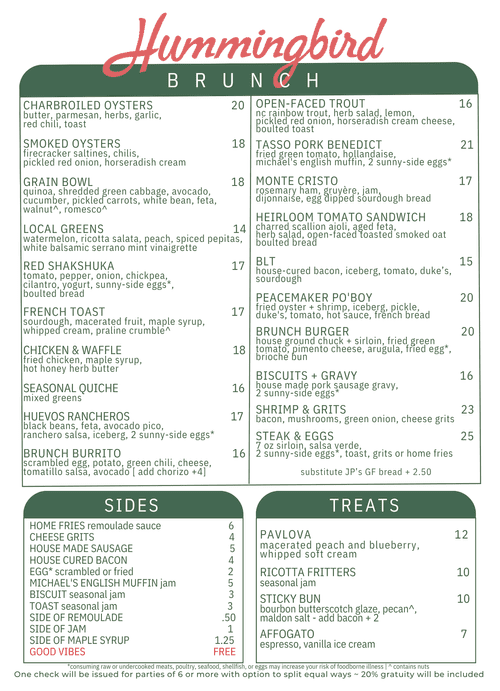 Hummingbird Menu Menu — Hummingbird